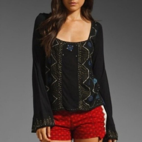 Free People beaded bell sleeve top black XS small - Picture 2 of 14